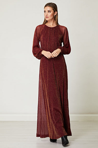 Wine Sparkly Chiffon Long Sleeve Maxi Dress