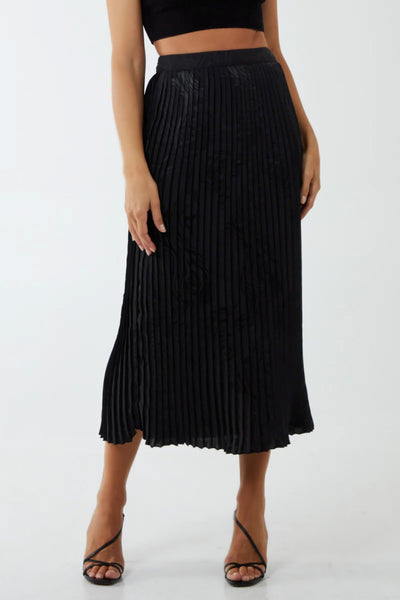 Black Wave Pleated Midi Skirt