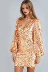 Rose Gold Sequin V-Neck Long Sleeve Bodycon Dress