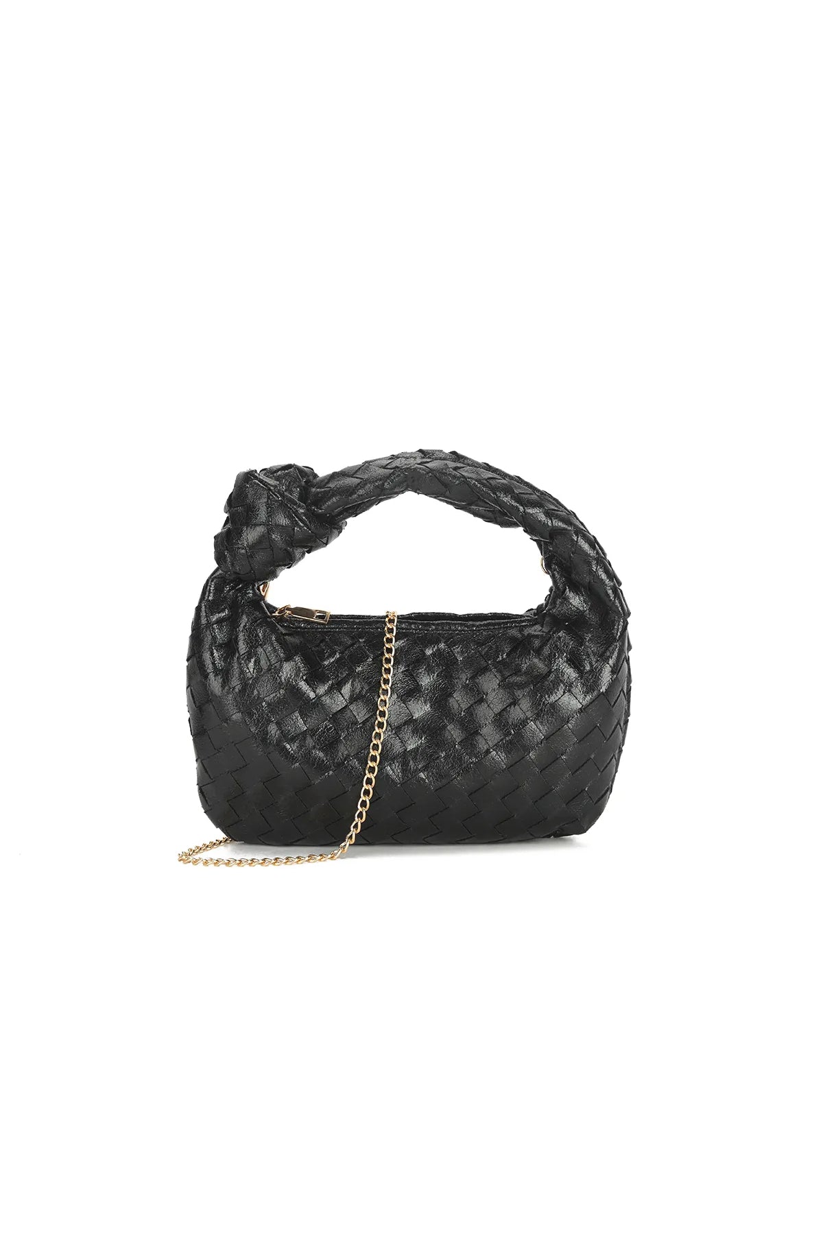 Black Woven Shoulder Bag with Knot Detail