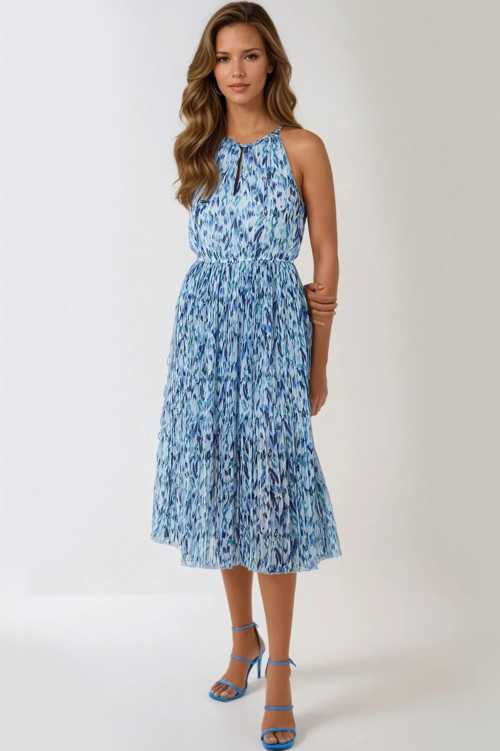 Blue Abstract Print Halterneck Midi Dress