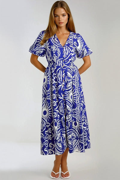 Royal Blue Puff Sleeve  Midi Dress