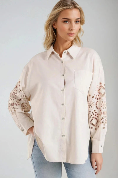 Beige Embroidered Sleeve Linen Blend Shirt