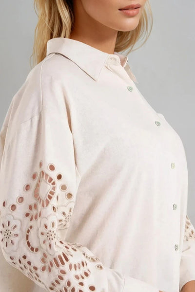 Beige Embroidered Sleeve Linen Blend Shirt