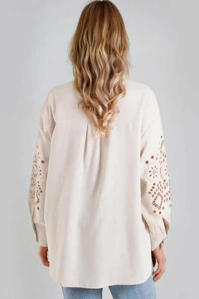 Beige Embroidered Sleeve Linen Blend Shirt