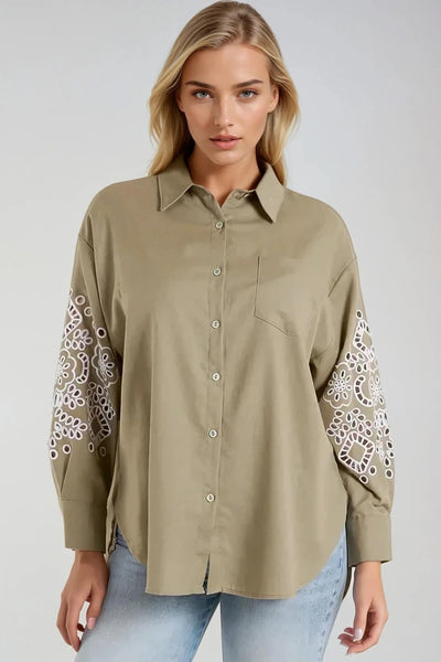 Light Khaki Embroidered Sleeve Linen Blend Shirt