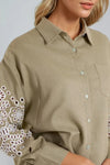 Light Khaki Embroidered Sleeve Linen Blend Shirt