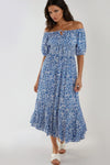 Blue Animal Print Bardot Maxi Dress