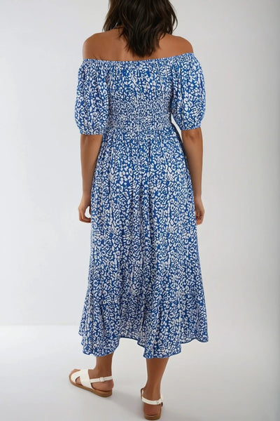 Blue Animal Print Bardot Maxi Dress