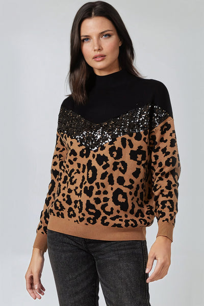 Camel Black Animal Print High Neck Jumper with Sequin Details