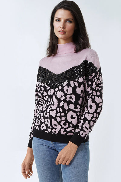 Lilac Black Animal Print High Neck Jumper with Sequin Details