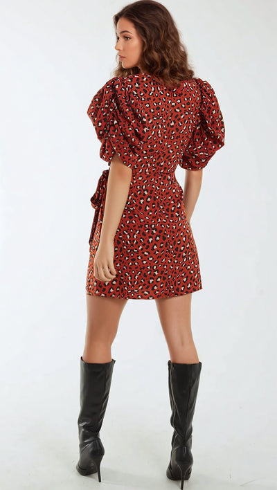 Brown Animal Print Ruched Sleeve Wrap Mini Dress