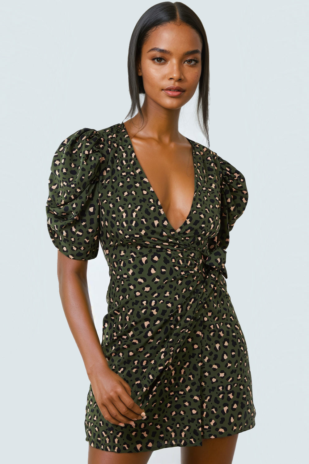 Khaki Animal Print Ruched Sleeve Wrap Mini Dress