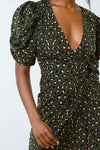 Khaki Animal Print Ruched Sleeve Wrap Mini Dress