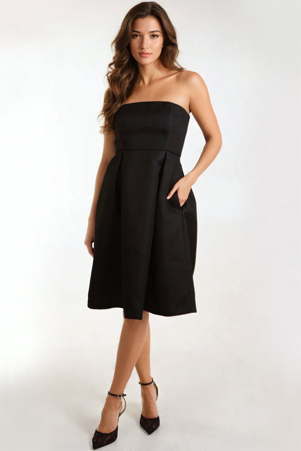 Black Bandeau Midi Dress with Pockets