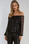 Black Sequin Long Sleeve Bardot Top