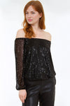 Black Sequin Long Sleeve Bardot Top