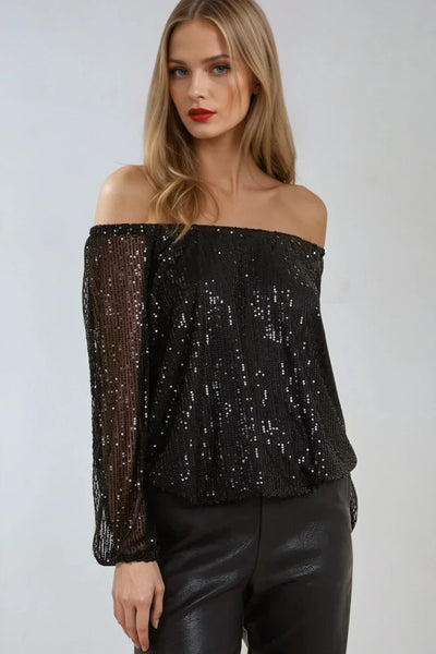 Black Sequin Long Sleeve Bardot Top