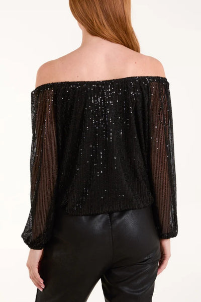 Black Sequin Long Sleeve Bardot Top