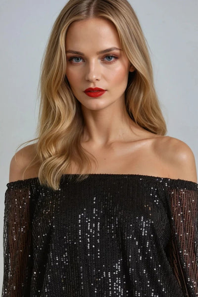 Black Sequin Long Sleeve Bardot Top