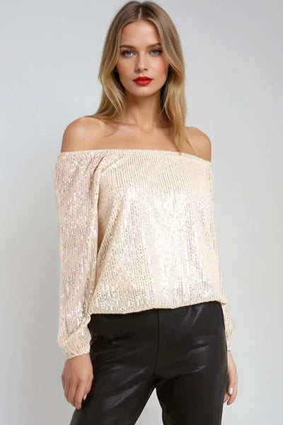 Champagne Sequin Long Sleeve Bardot Top