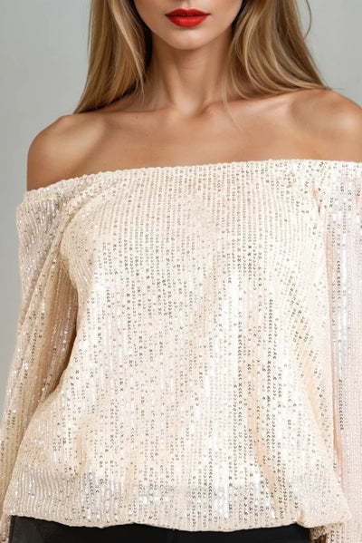 Champagne Sequin Long Sleeve Bardot Top