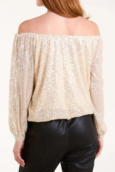 Champagne Sequin Long Sleeve Bardot Top