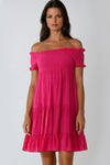 Fuchsia Bardot Shirred Mini Dress