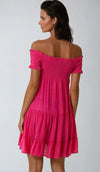 Fuchsia Bardot Shirred Mini Dress