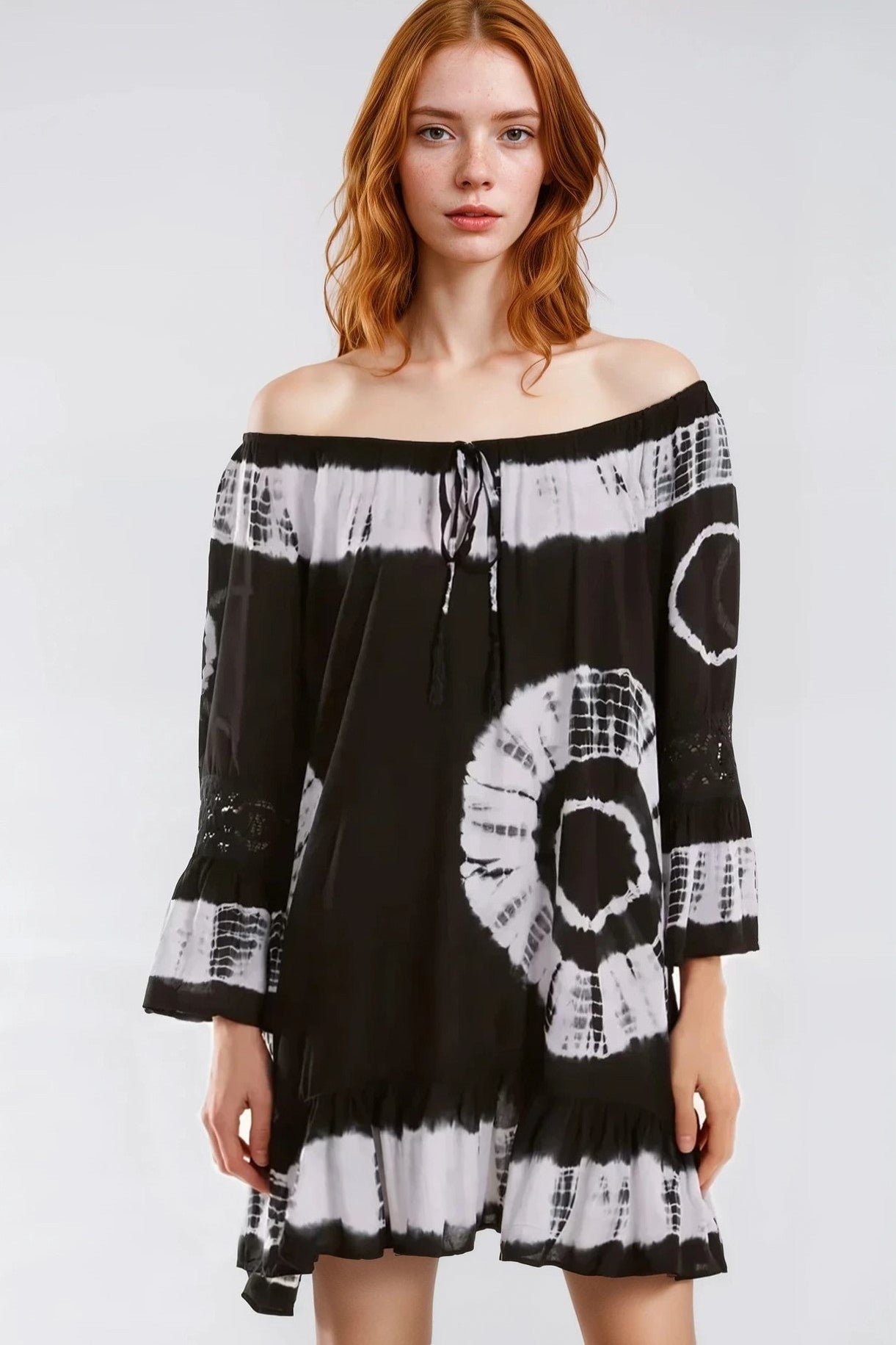 Black Tie Dye Bardot Tunic Mini Dress