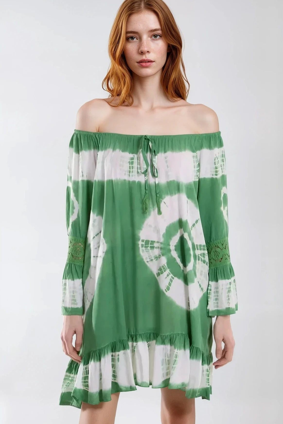 Khaki Tie Dye Bardot Tunic Mini Dress