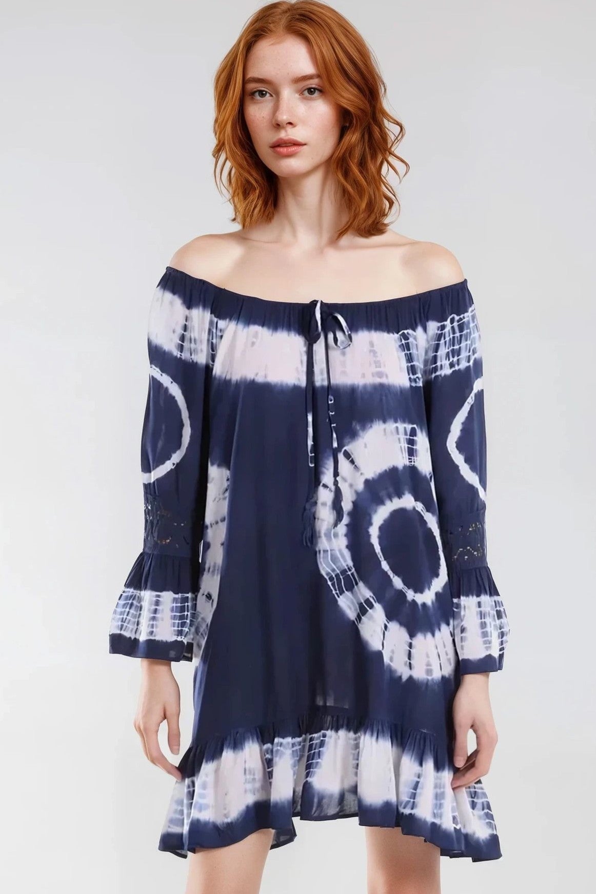 Navy Tie Dye Bardot Tunic Mini Dress