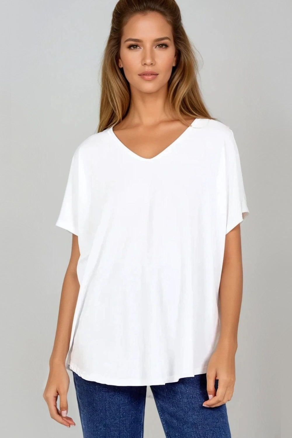 White Basic Oversized V Neck T Shirt