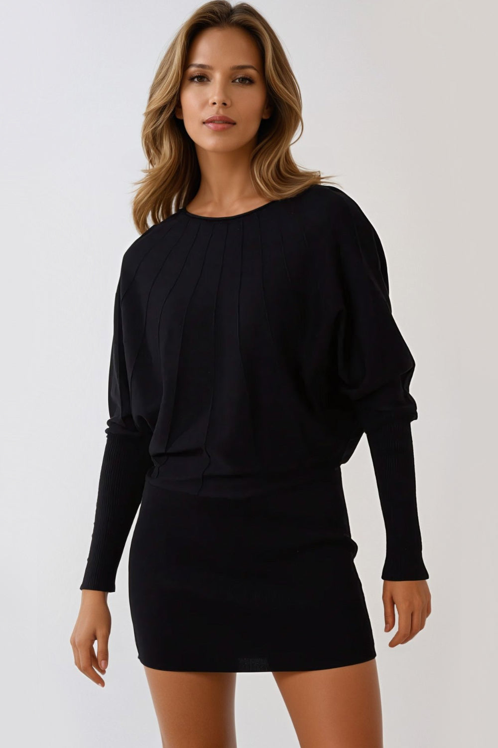 Black Batwing Sleeve Knit Mini Dress