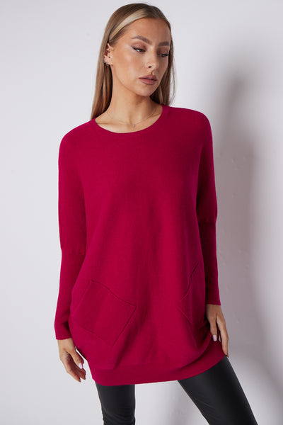 Fuchsia Batwing Sleeve Jumper with Pockets