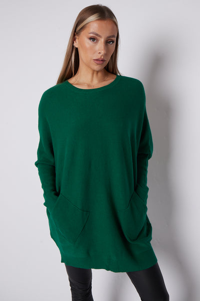 Green Batwing Sleeve Jumper with Pockets