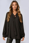 Black Long Balloon Sleeve Blouse with Tie