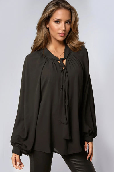 Black Long Balloon Sleeve Blouse with Tie