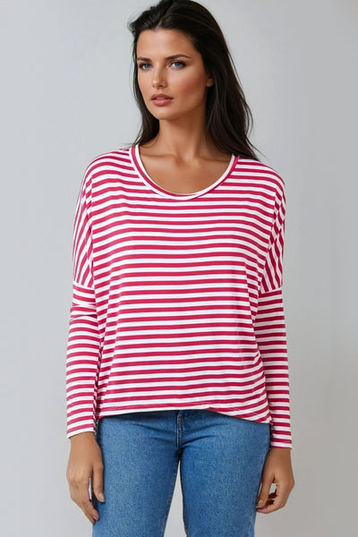 Fuchsia Breton Stripe Round Neck Top