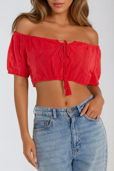 Red Broderie Crop Top