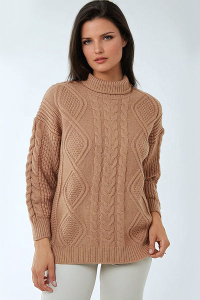 Camel Cable Knit Roll Neck Jumper