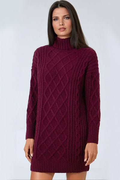 Berry Cable Knit Roll Neck Jumper Dress