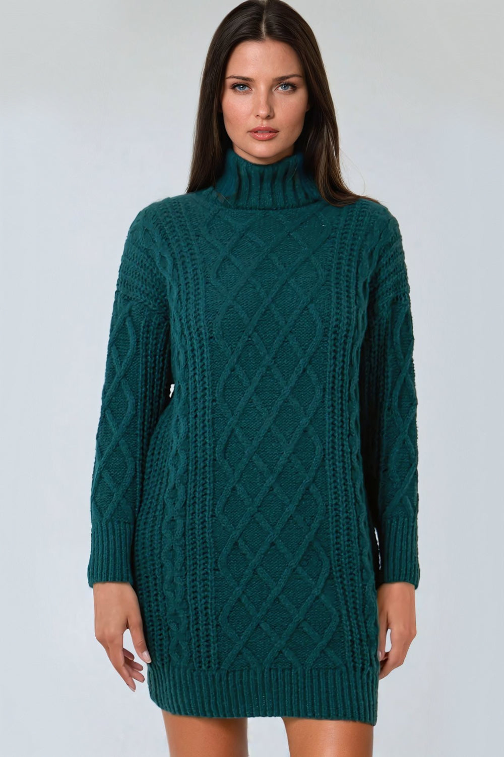 Green Cable Knit Roll Neck Jumper Dress