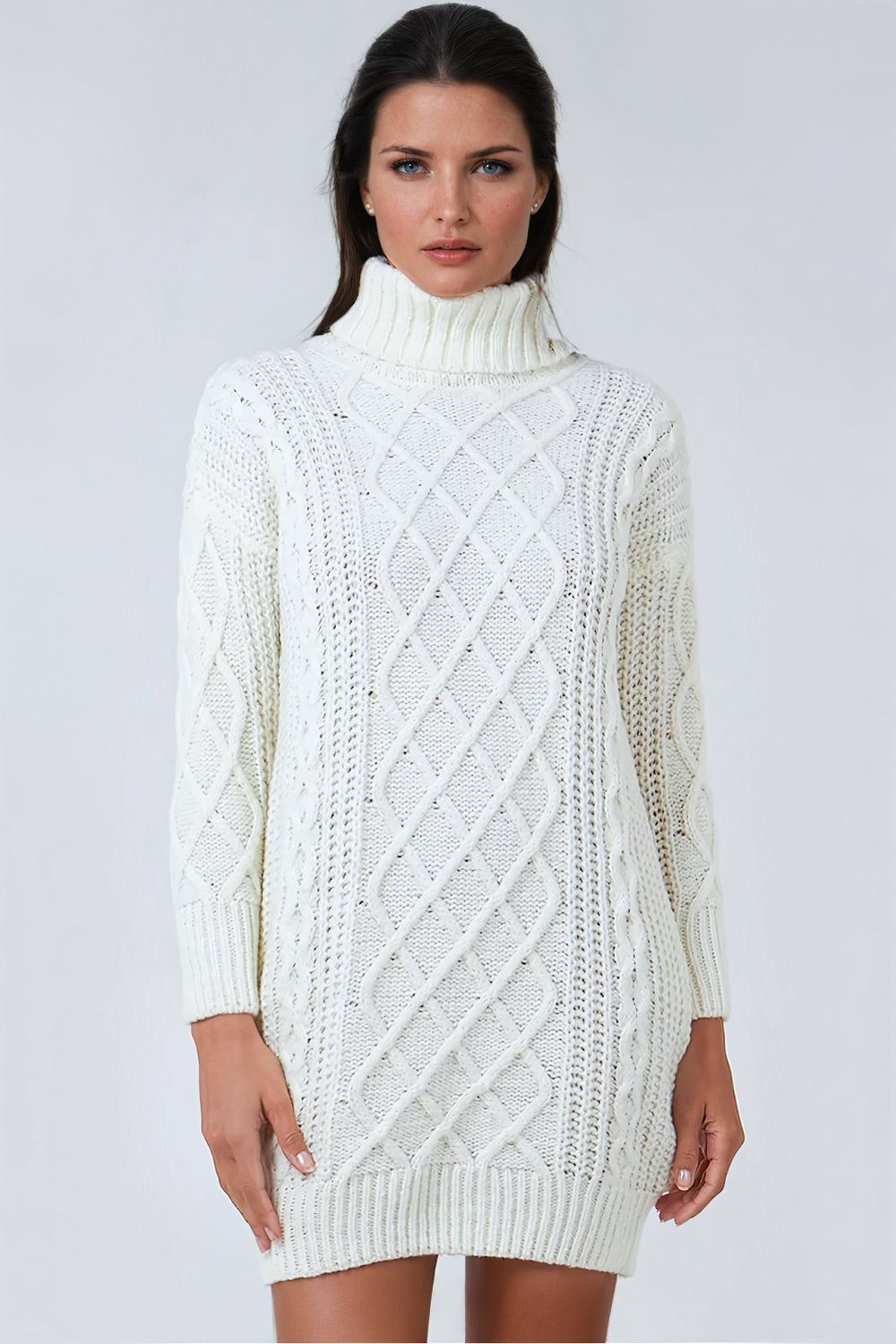 Cream Cable Knit Roll Neck Jumper Dress Aftershock London