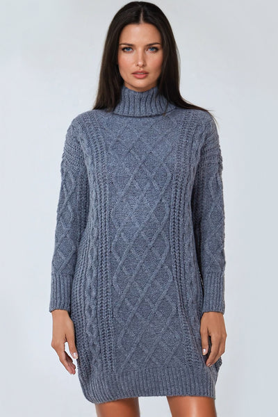 Grey Cable Knit Roll Neck Jumper Dress