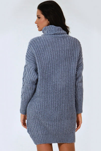 Grey Cable Knit Roll Neck Jumper Dress