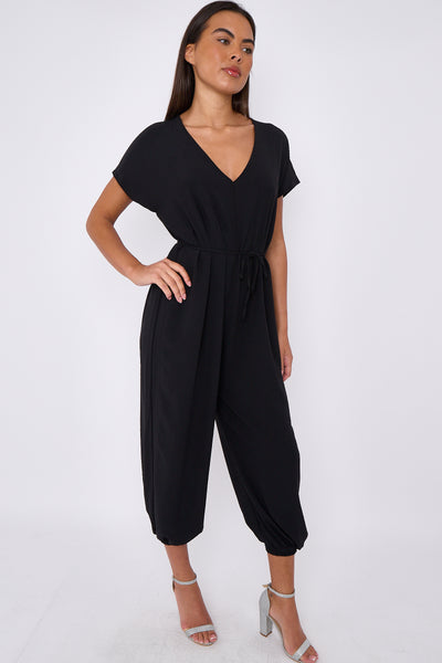 Black V-Neck Belted Jumpsuit