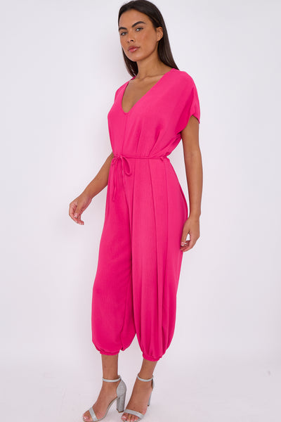 Fuchsia V-Neck Belted Jumpsuit