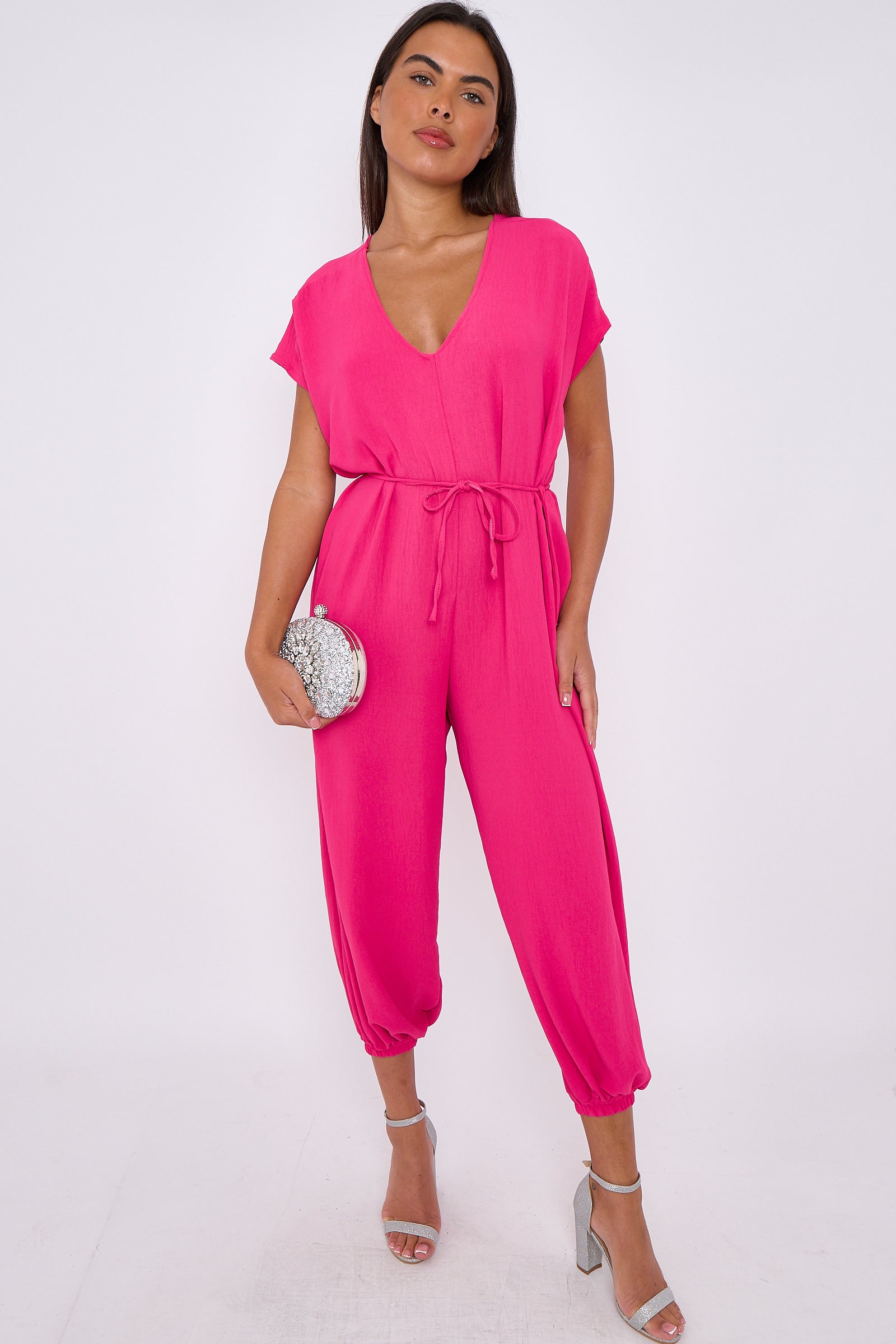 Fuchsia V-Neck Belted Jumpsuit