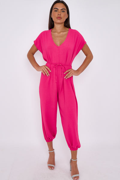 Fuchsia V-Neck Belted Jumpsuit